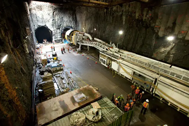 The boring machine, nicknamed "Adi," sits in the southbound tunnel at 96th Street, 2011. (Jake Dobkin/Gothamist)